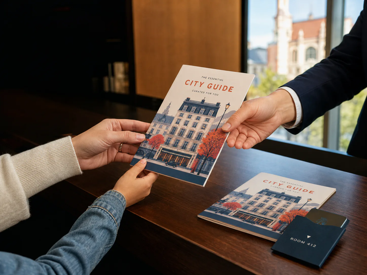 A personalized city guide being handed to guests at check-in