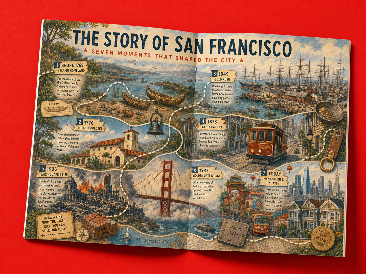 Illustrated San Francisco history timeline in a saddle-stitched guide