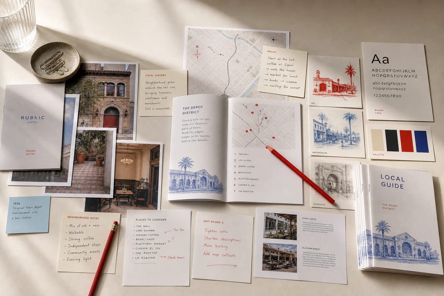 Research, illustration and brand materials used to create a local guide
