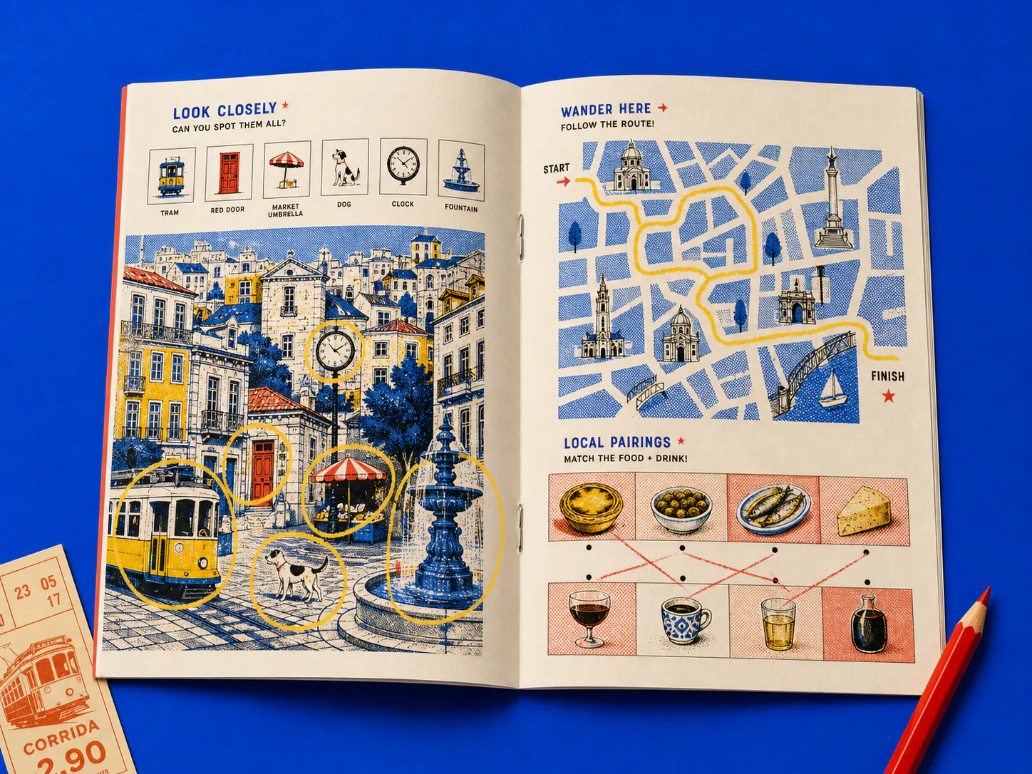 Illustrated city spotting game and map maze inside a guide