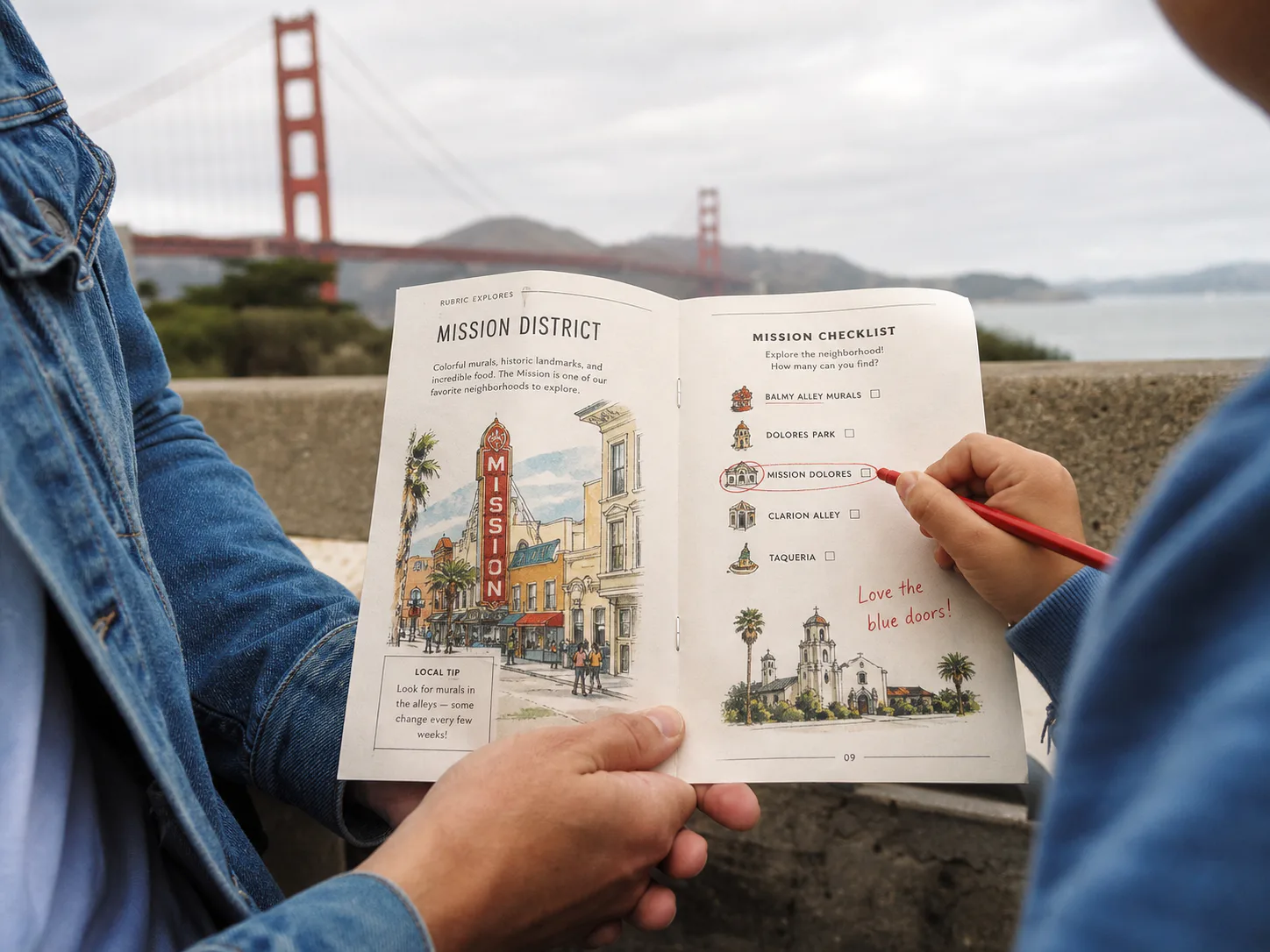 A family using an illustrated mission guide while exploring San Francisco