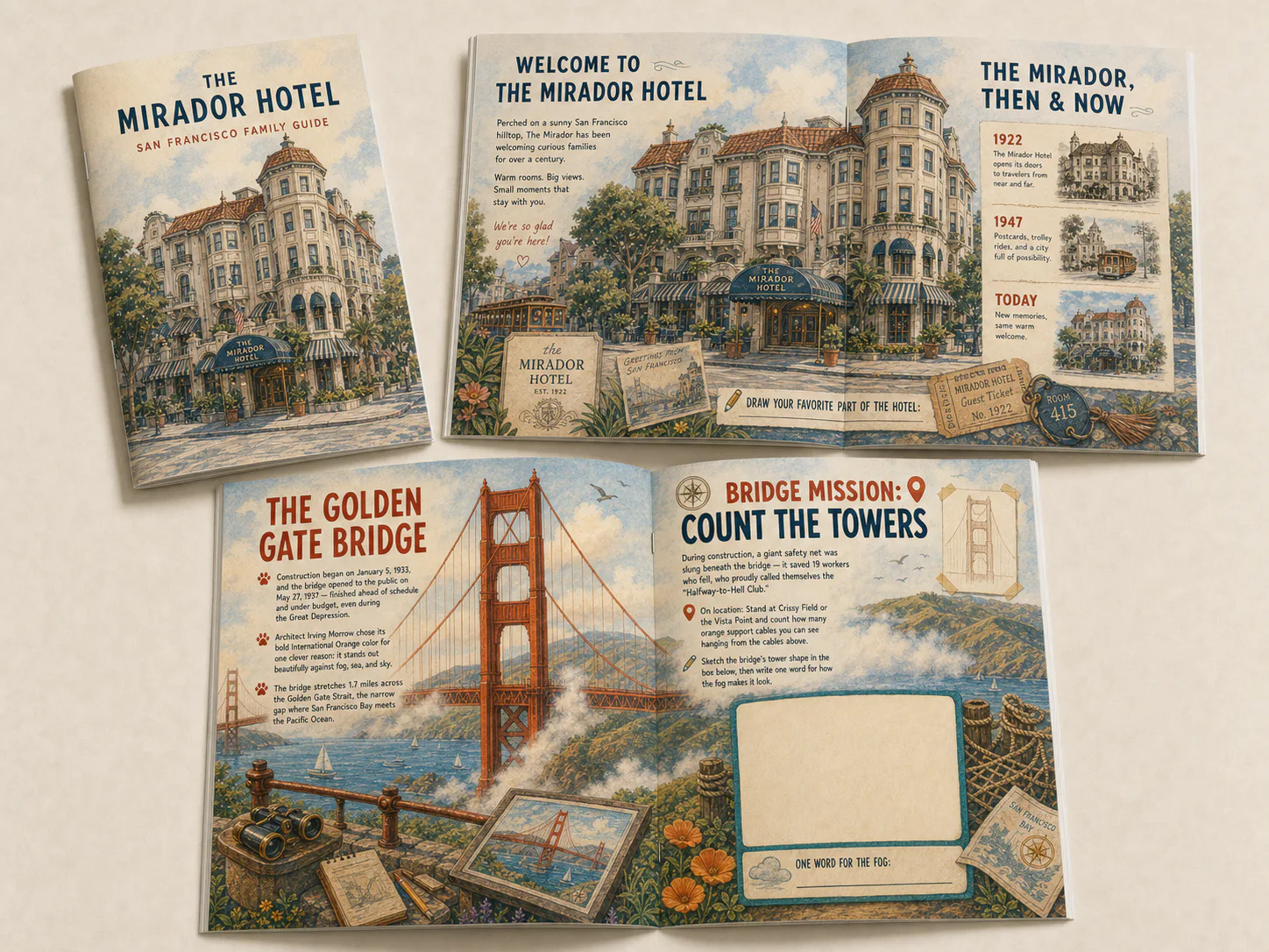 A Mirador Hotel San Francisco family guide beside hotel-history and Golden Gate Bridge activity spreads
