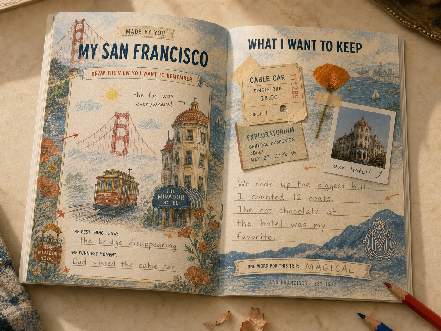 Completed city guide filled with drawings and travel memories on a family shelf
