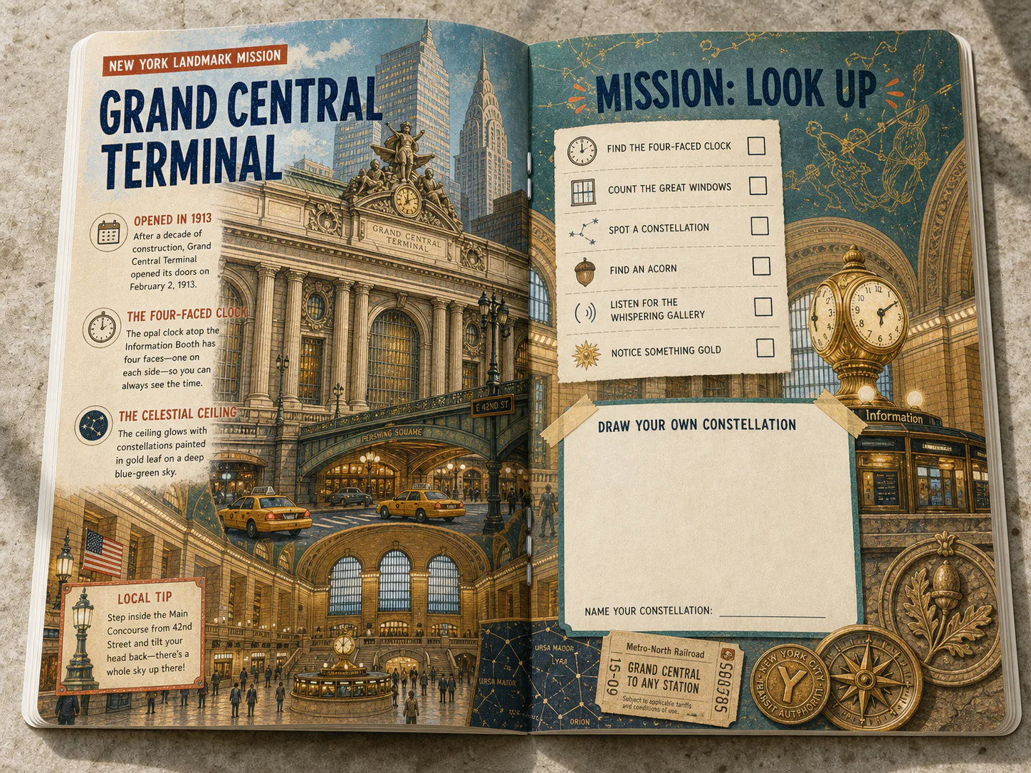 Child completing a landmark observation mission in an illustrated travel guide
