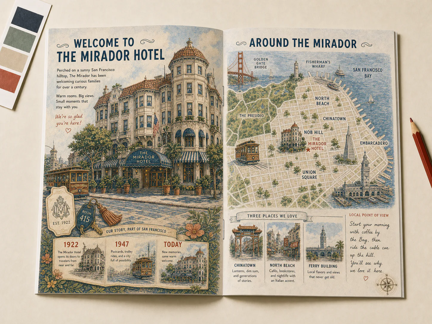 Personalized guide spread integrating a fictional property story, identity and neighborhood map
